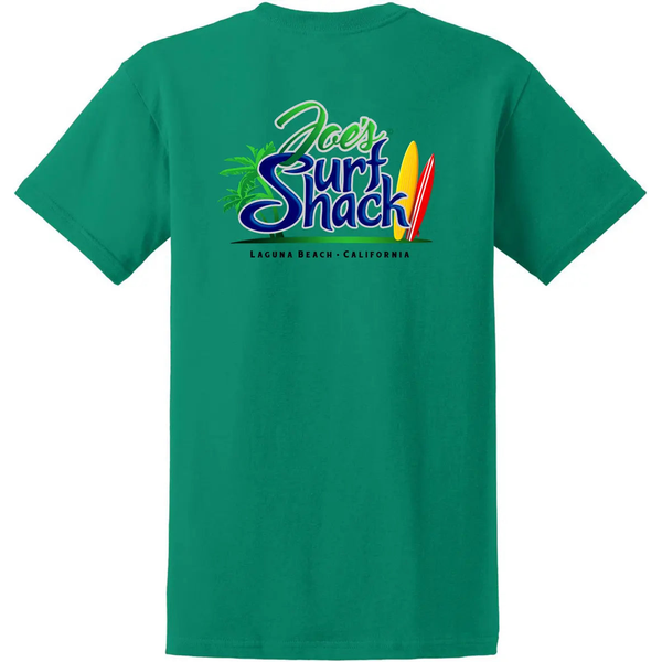 This is the back of the green Joe's Surf Shack Heavyweight Tee. For those looking for surf shops, this is a great choice.