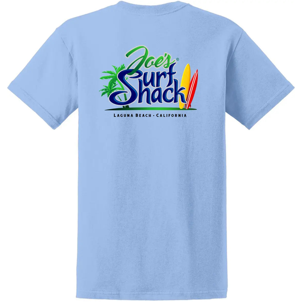 This is the back of the light blue Joe's Surf Shack Heavyweight Tee. For those looking for surf shops, this is a great choice.
