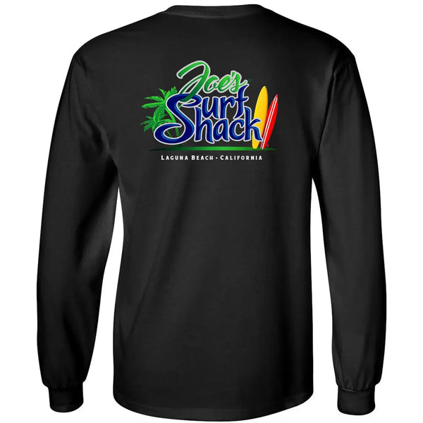 This is the back of the black Joe's Surf Shack Long Sleeve Cotton T-Shirt.