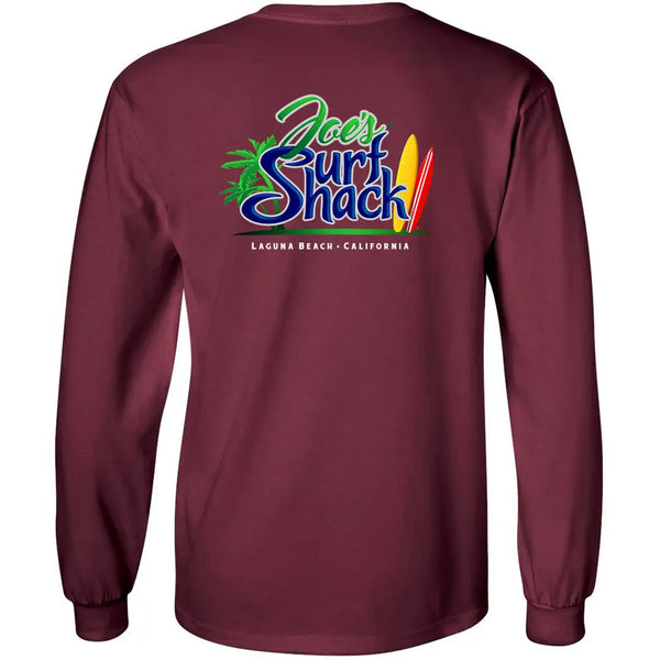This is the back of the maroon Joe's Surf Shack Long Sleeve Cotton T-Shirt.