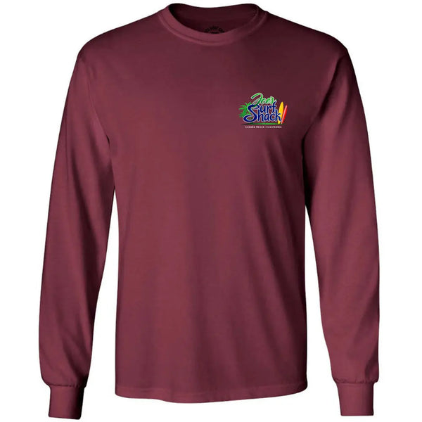 This is the maroon Joe's Surf Shack Long Sleeve Cotton T-Shirt.