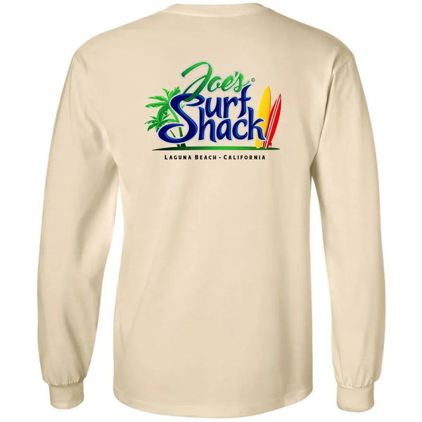 This is the back of the natural Joe's Surf Shack Long Sleeve Tee.