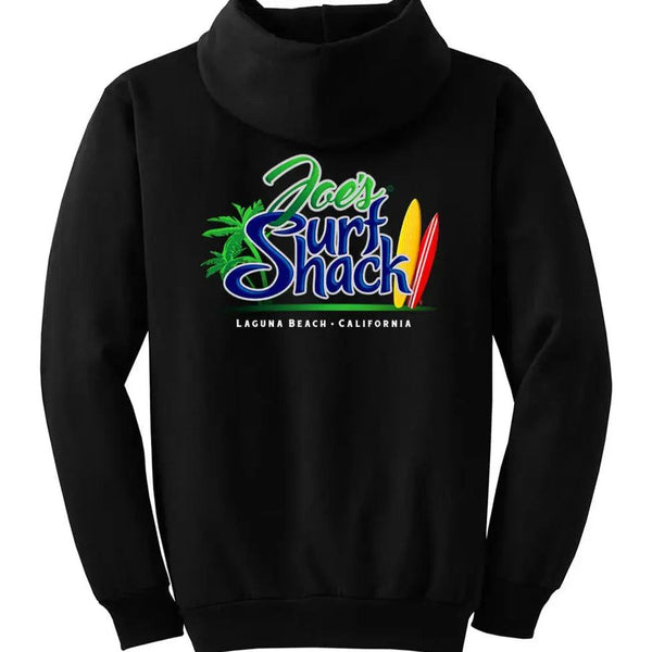 This is the back of the black Joe's Surf Shack Pullover Hoodie.