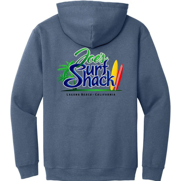 This is the back of the steel blue Joe's Surf Shack Pullover Hoodie.