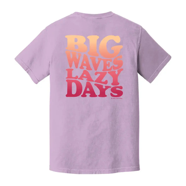 This is the back of the orchid Joe's Surf Shop Big Waves Lazy Days Oversized Tee.