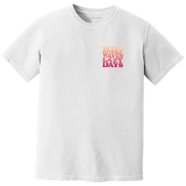 This is the front of the white Joe's Surf Shop Big Waves Lazy Days Oversized Tee.