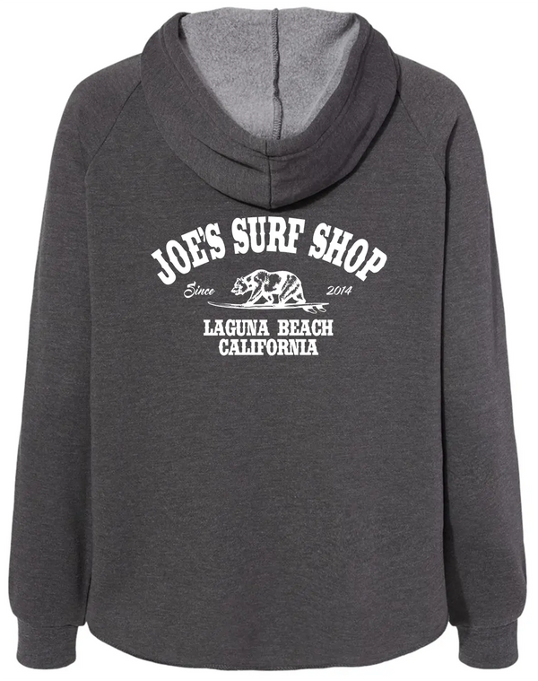 This is the back of the charcoal Joe's Surf Shop California Women's Zip-Up Hoodie.