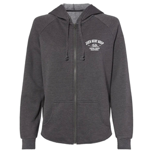 This is the front of the charcoal Joe's Surf Shop California Women's Zip-Up Hoodie.