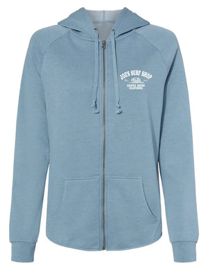 This is the front of the light blue Joe's Surf Shop California Women's Zip-Up Hoodie.