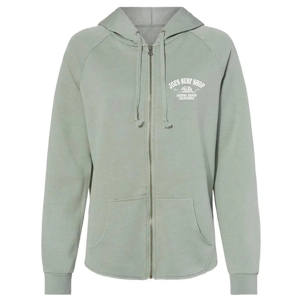 This is the front of the light green Joe's Surf Shop California Women's Zip-Up Hoodie.