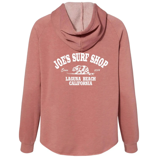 This is the back of the misty rose Joe's Surf Shop California Women's Zip-Up Hoodie.