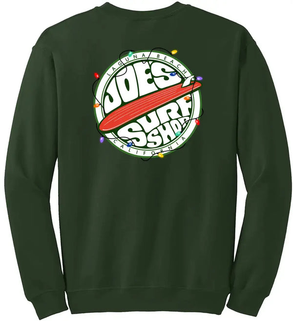 This is the back of the dark green Joe's Surf Shop Fins Up Christmas Crewneck.