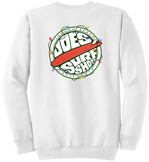 This is the back of the white Joe's Surf Shop Fins Up Christmas Crewneck