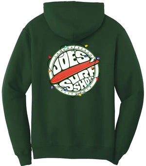 This is the back of the dark green Joe's Surf Shop Fins Up Christmas Hoodie.