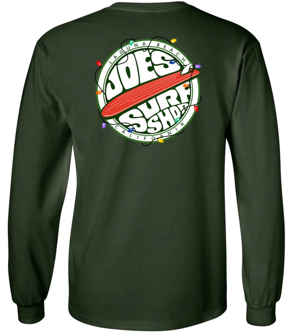 This is the back of the dark green Joe's Surf Shop Christmas Fins Up Long Sleeve Tee.