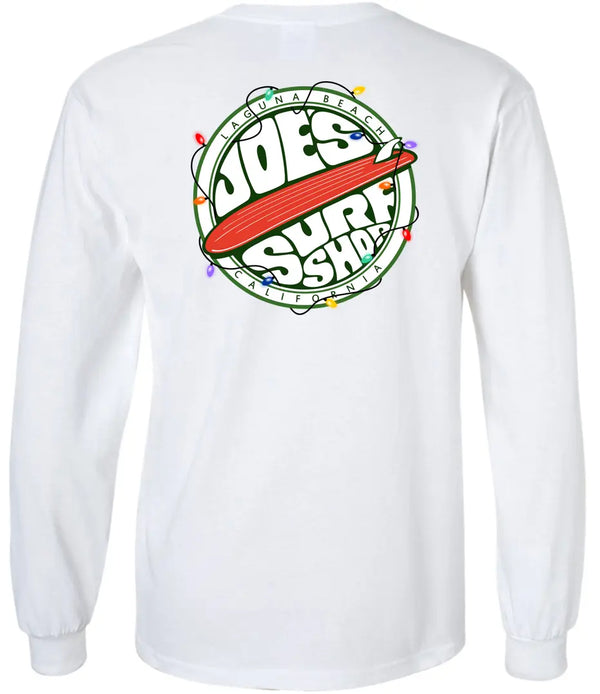 This is the back of the white Joe's Surf Shop Christmas Fins Up Long Sleeve Tee.