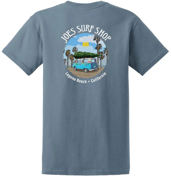 This is the back of the stone blue Joe's Surf Shop Christmas Surf Bus Heavyweight Cotton Tee.