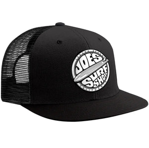 This is the black Joe's Surf Shop Fins Up Flat Bill Trucker Hat.