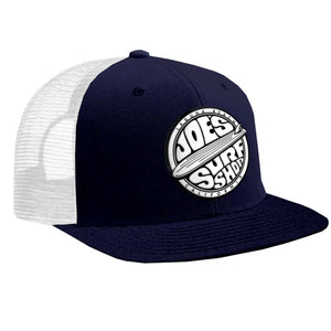 This is the navy white Joe's Surf Shop Fins Up Flat Bill Trucker Hat.
