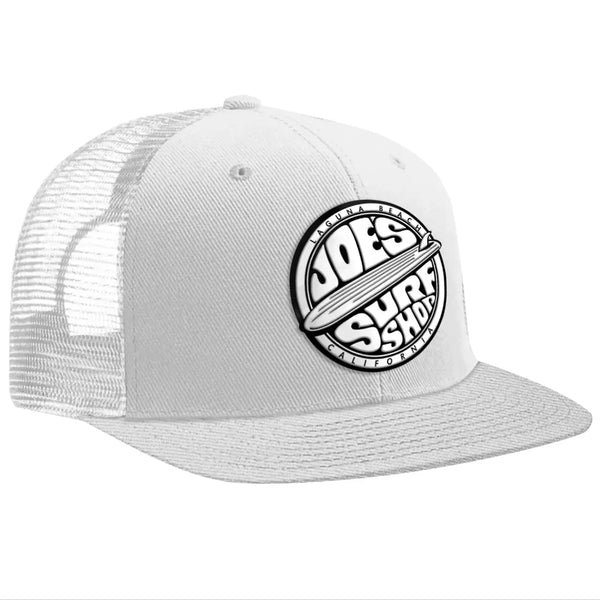 This is the white Joe's Surf Shop Fins Up Flat Bill Trucker Hat.