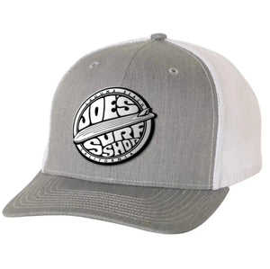 This is the athletic heather Joe's Surf Shop Fins Up Trucker Hat.