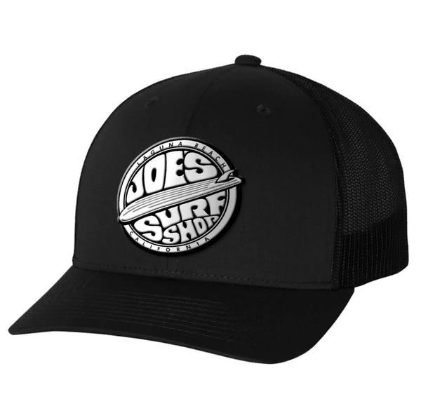 This is the black Joe's Surf Shop Fins Up Trucker Hat.