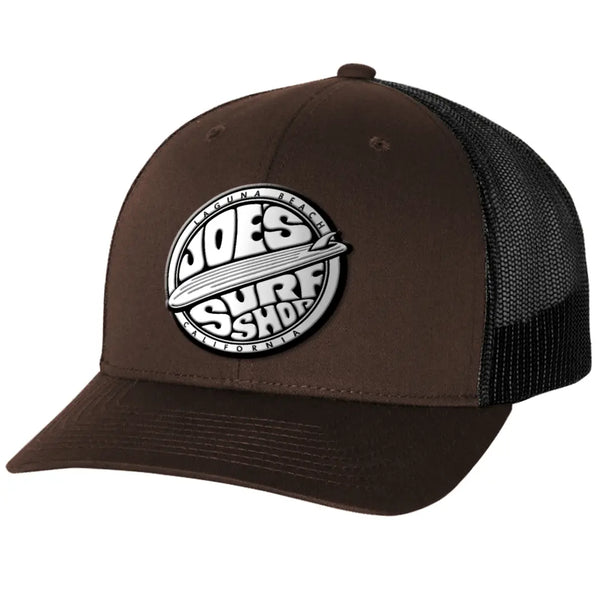 This is the brown Joe's Surf Shop Fins Up Trucker Hat.