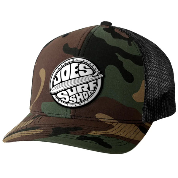 This is the camo Joe's Surf Shop Fins Up Trucker Hat.