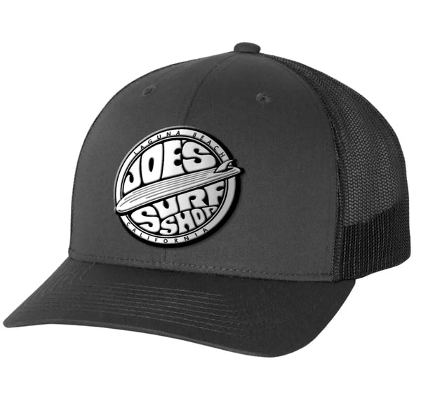 This is the charcoal Joe's Surf Shop Fins Up Trucker Hat.