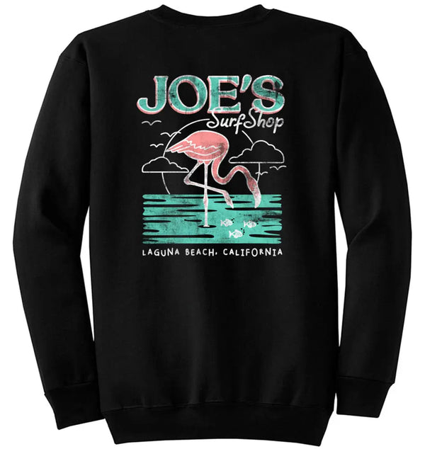 This is the back of the black Joe's Surf Shop Flamingo Crewneck.