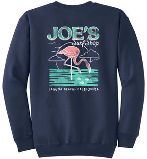 This is the back of the navy Joe's Surf Shop Flamingo Crewneck.
