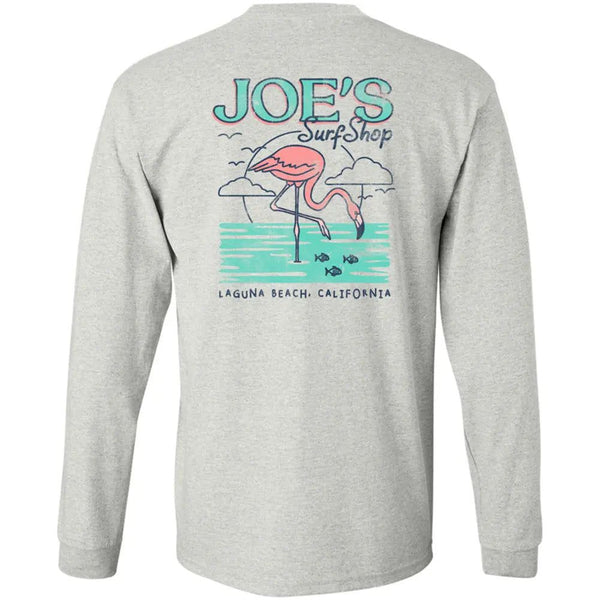 This is the back of the ash Joe's Surf Shop Flamingo graphic long sleeve tee.