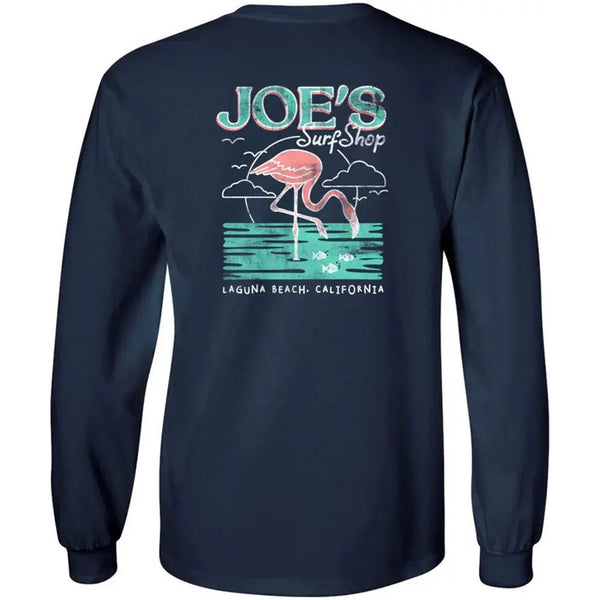 This is the back of the navy Joe's Surf Shop Flamingo graphic long sleeve tee.