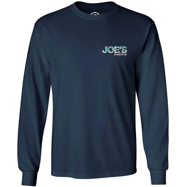 This is the navy Joe's Surf Shop Flamingo graphic long sleeve tee.
