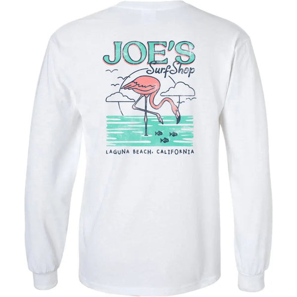 This is the back of the white Joe's Surf Shop Flamingo graphic long sleeve tee.