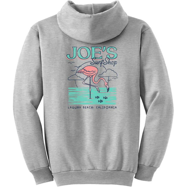 This is the back of the ash Joe's Surf Shop Flamingo Pullover Hoodie.