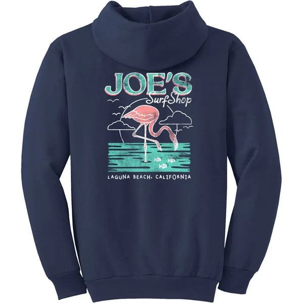 This is the back of the navy Joe's Surf Shop Flamingo Pullover Hoodie.