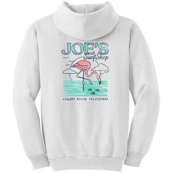 This is the back of the white Joe's Surf Shop Flamingo Pullover Hoodie.
