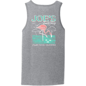 This is the back of the athletic heather Joe's Surf Shop Flamingo Tank Top.