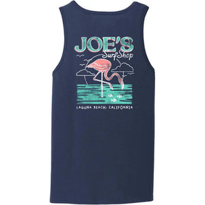 This is the back of the navy Joe's Surf Shop Flamingo Tank Top.