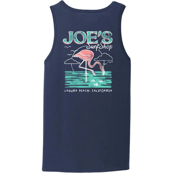 This is the back of the navy Joe's Surf Shop Flamingo Tank Top.