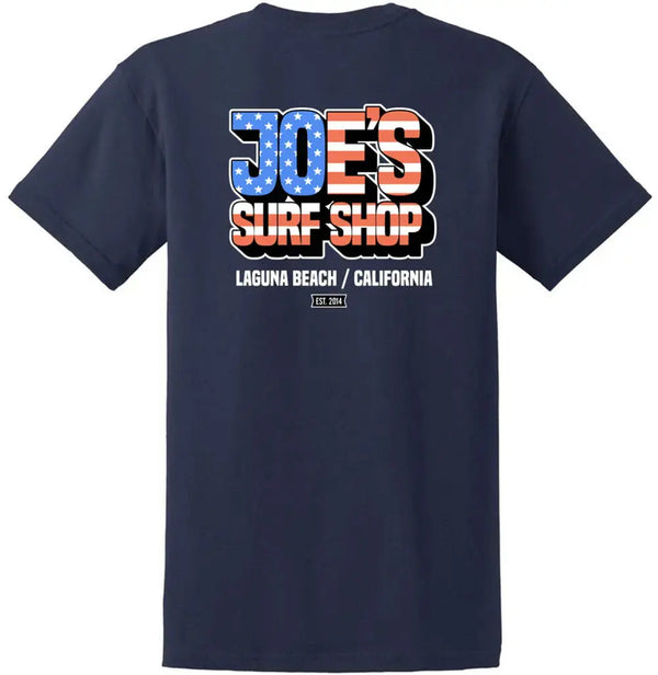 This is the back of the navy Joe's Surf Shop Patriotic Heavyweight Cotton Tee.