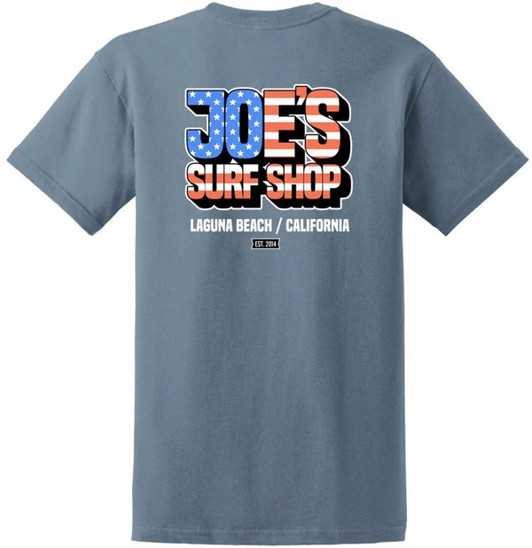 This is the back of the stone blue Joe's Surf Shop Patriotic Heavyweight Cotton Tee.