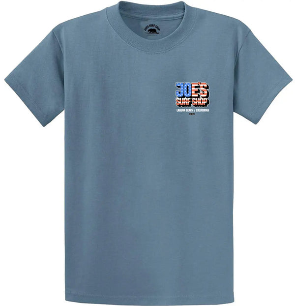 This is the stone blue Joe's Surf Shop Patriotic Heavyweight Cotton Tee.