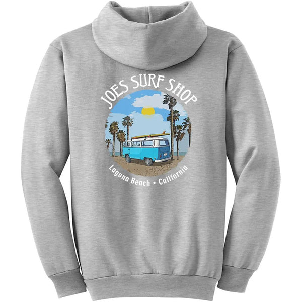 This is the back of the ash Joe's Surf Shop Surf Bus Pullover Hoodie.