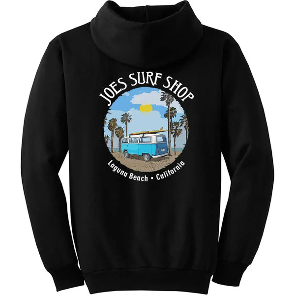 This is the back of the black Joe's Surf Shop Surf Bus Pullover Hoodie.