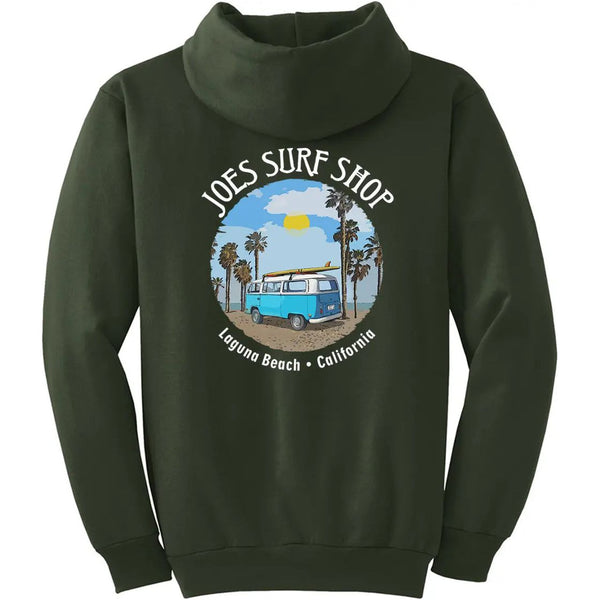 This is the back of the olive Joe's Surf Shop Surf Bus Pullover Hoodie.