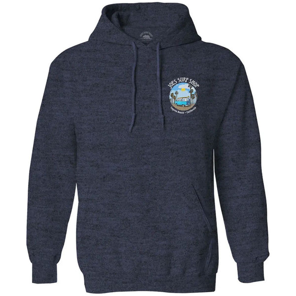 This is the heather navy Joe's Surf Shop Surf Bus Pullover Hoodie.