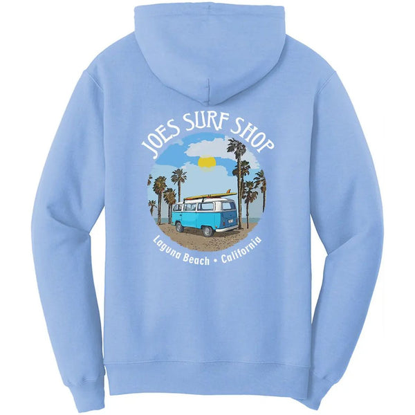 This is the back of the light blue Joe's Surf Shop Surf Bus Pullover Hoodie.
