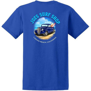 This is the back of the blue Joe's Surf Shop Surf Truck Youth Graphic Tee.